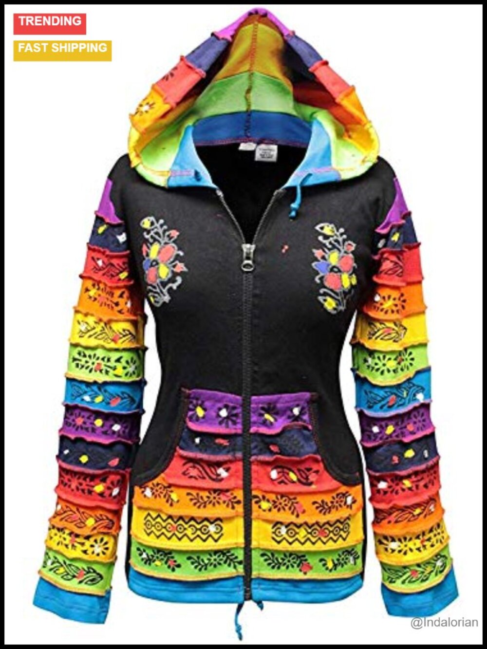 Women's Handmade Rainbow Sleeve Flower Patch Hoodie Cotton Lightweight